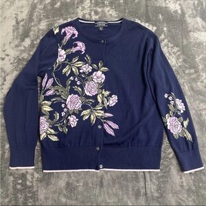 Lands' End PM Navy Lavender Floral Accent Knit Button-Front Cardigan Cottagecore